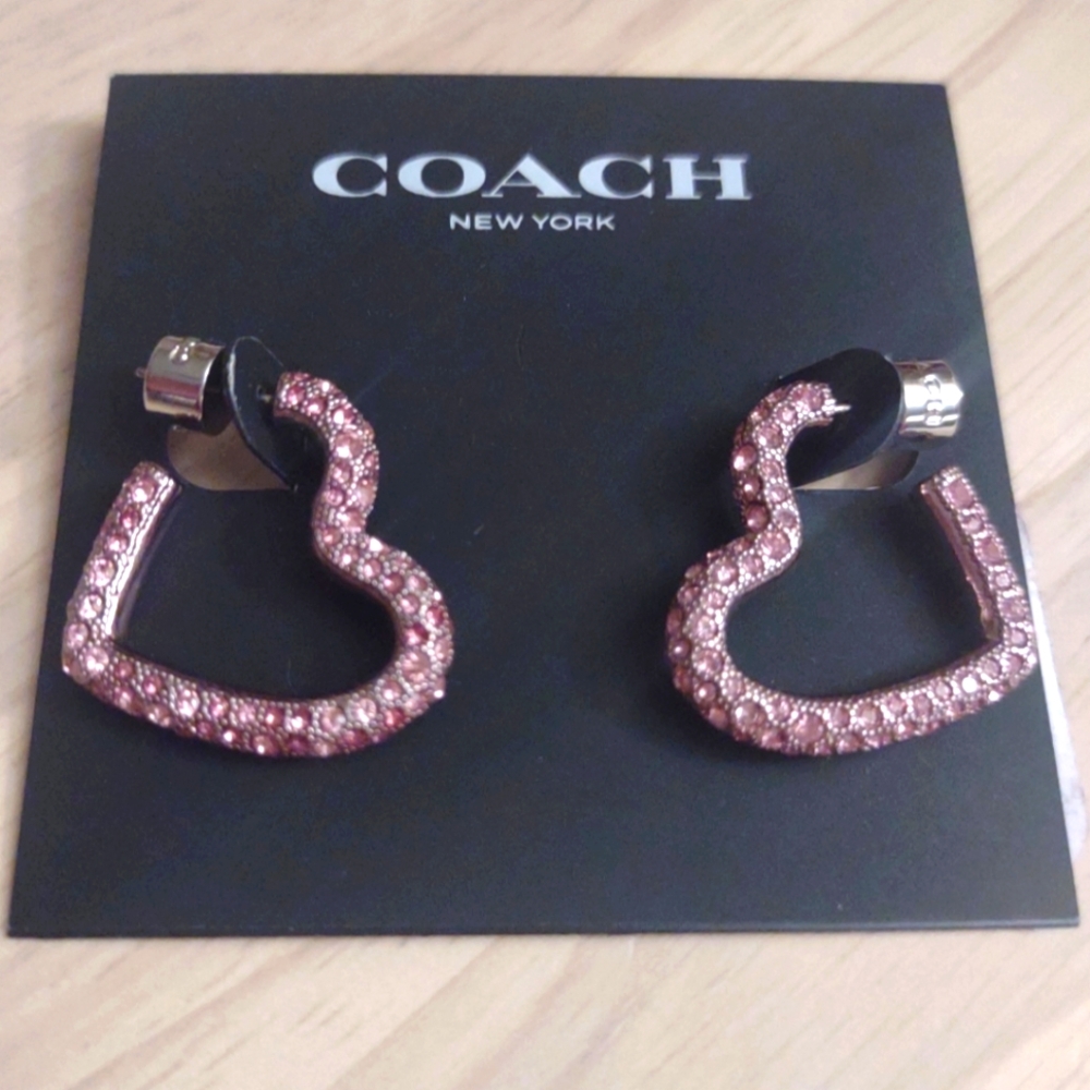 Coach Pink Crystal Heart Hoop Earrings